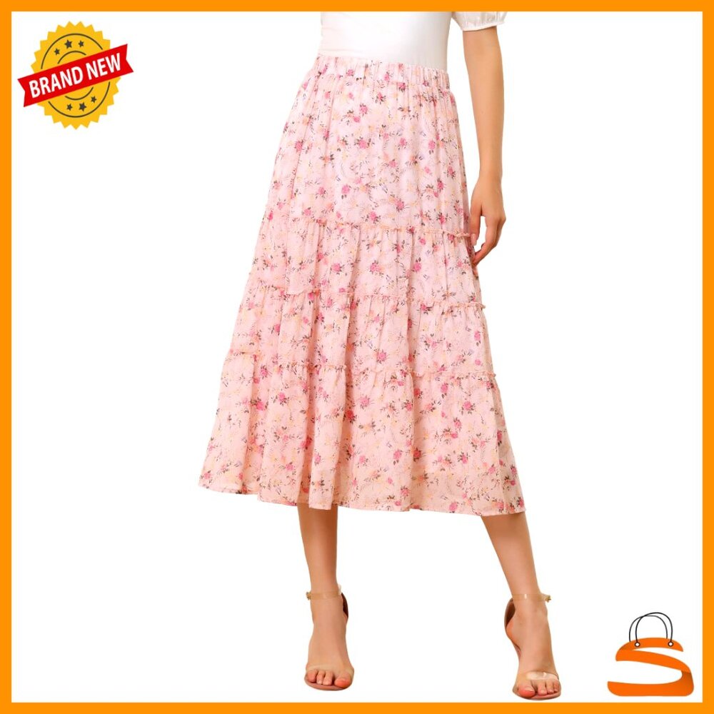 Chiffon A-Line Midi Skirt Floral Print Ruffle Tiered Loose Fit Elastic Waist - Picture 1 of 7